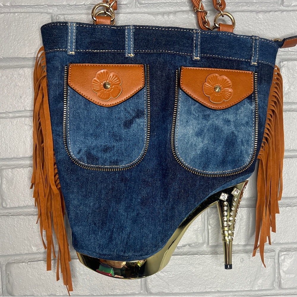 Denim & Fringe Stiletto Heel with Rhinestones Women's Handbag - Picture 5 of 16